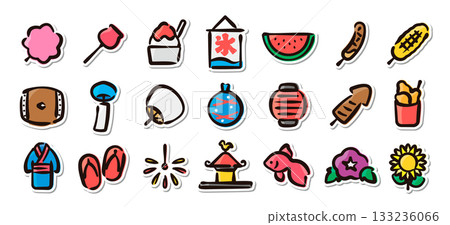 一組手繪風格的日本夏季祭典插畫貼紙。包含祭典、盂蘭盆舞、煙火表演和其他夏季傳統活動的向量素材。 133236066