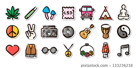 Hippie culture hand drawn illustration sticker set 133236238