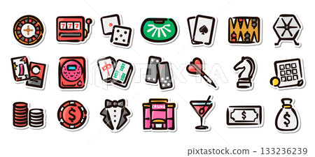 Casino and gambling hand-drawn illustration sticker set. Vector materials for games, betting, and entertainment. Casino and gambling hand-drawn illustration sticker set. Vector materials for games, betting, and entertainment. 133236239