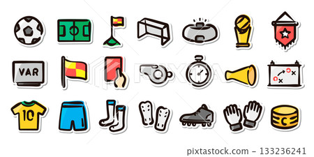Soccer and football hand-drawn illustration sticker set. Vector materials for promotions, educational materials, and information. 133236241