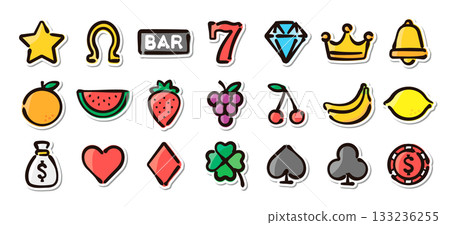賭場、老虎機手繪插畫貼紙套裝 賭場、老虎機手繪插畫貼紙套裝 133236255