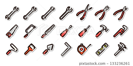 Hand-drawn illustration sticker set of tools and work tools. Vector material for maintenance, repair, and DIY tools. 133236261