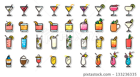 雞尾酒手繪插畫貼紙套裝，適用於酒吧、飯店和夜總會 133236335