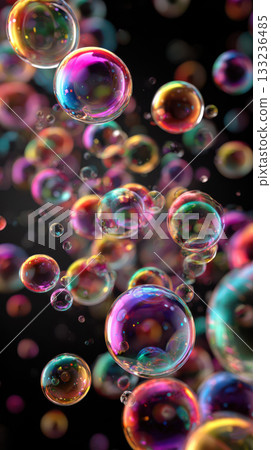 Colorful bubble, abstract, floating, shiny, vibrant, joyful, black background 133236485