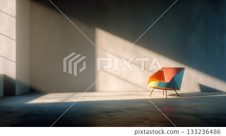Colorful geometric chair minimalist room sunlight shadow modern interior design Colorful geometric chair minimalist room sunlight shadow modern interior design 133236486