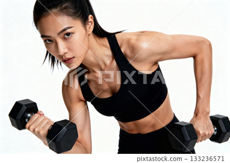 Fit young asian woman training with dumbbells on a white background 133236571