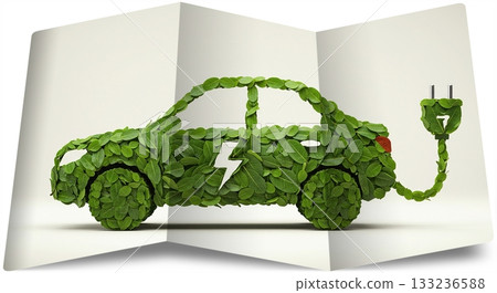 Electric car made of green leaves with a charging plug, symbolizing eco-friendly transportation and sustainable energy. Electric car made of green leaves with a charging plug, symbolizing eco-friendly transportation and sustainable energy. 133236588