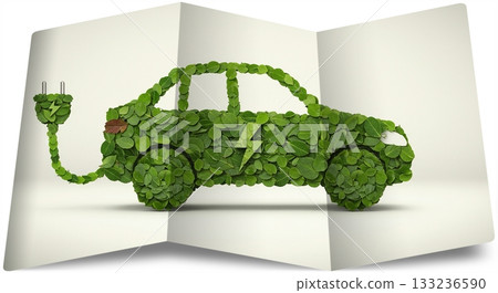 Electric car made of green leaves with a charging plug, symbolizing eco-friendly transportation and sustainable energy. Electric car made of green leaves with a charging plug, symbolizing eco-friendly transportation and sustainable energy. 133236590