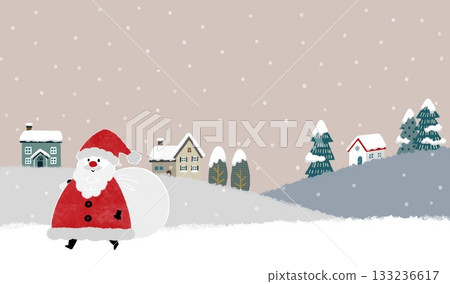 Christmas landscape illustration of Santa Claus walking through a snowy town 133236617