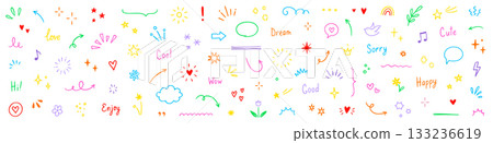 Line arrow, star, heart cute icon elements. Hand drawn sketch heart, arrow, star, flower decoration symbols. Simple sketch line style emphasizes abstract graphic elements. Vector 133236619