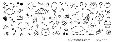 Line cute element set. Hand drawn scribble heart, arrow, flower and star elements for a cute line simple background. Doodle sketch heart, star, cloud sticker shapes. Vector 133236620