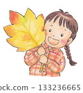 Illustration of a girl holding a large fallen leaf 133236665