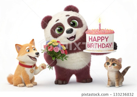 Cute 3D Panda, Puppy, Kitten Birthday Greeting. Happy Birthday theme. 133236832