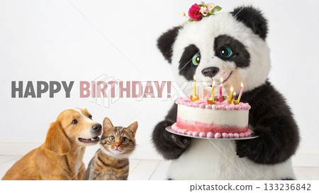 Cute 3D Panda, Puppy, Kitten Birthday Greeting. Happy Birthday theme. 133236842