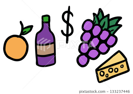 Cute hand drawn illustrations of orange, drink bottle, grape, cheese for decoration, fruit, vegan, food, grocery shopping, snack, drinks, stickers, icon, cute patch, brooch, cook book, kitchen, cafe Cute hand drawn illustrations of orange, drink bottle, grape, cheese for decoration, fruit, vegan, food, grocery shopping, snack, drinks, stickers, icon, cute patch, brooch, cook book, kitchen, cafe 133237446