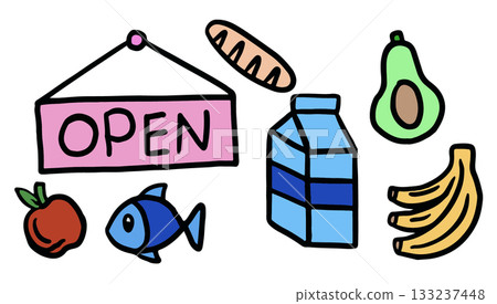 Cute hand drawn illustrations of OPEN sign, apple, fish, milk box, bread loaf, avocado, banana for supermarket, grocery shopping, mart, stickers, food, fruit, bakery, pastry, vegan, breakfast, snack Cute hand drawn illustrations of OPEN sign, apple, fish, milk box, bread loaf, avocado, banana for supermarket, grocery shopping, mart, stickers, food, fruit, bakery, pastry, vegan, breakfast, snack 133237448
