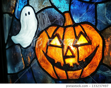 萬聖節南瓜和幽靈彩色玻璃人工智慧圖像 133237497