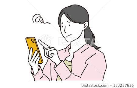 Illustration material of a woman operating a smartphone with a troubled face 133237636