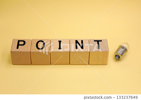 A block with the word "point" written on it and a miniature light bulb A block with the word "point" written on it and a miniature light bulb 133237649