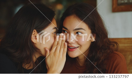 Two women sharing a secret with natural expressions in a cozy indoor setting 133237797