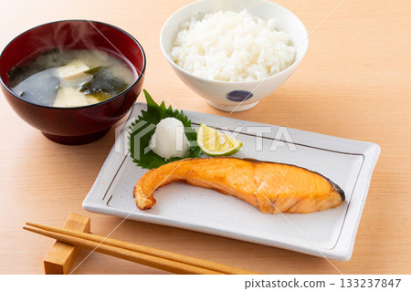 Grilled silver salmon and rice Grilled silver salmon and rice 133237847
