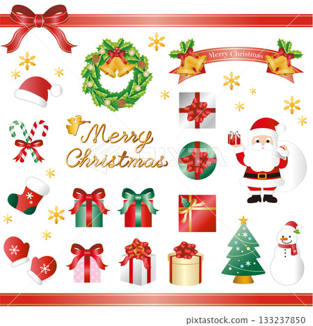 Christmas illustration set, Santa, gifts, wreaths, holiday season design elements Christmas illustration set, Santa, gifts, wreaths, holiday season design elements 133237850
