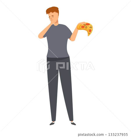 Young man feeling disgusted holding pizza slice food intolerance concept 133237935