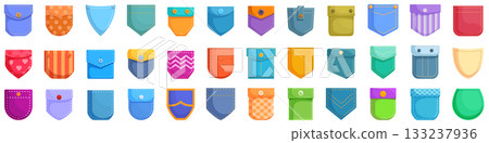 Patch pocket icons set. Large set of colorful pockets for tailors and clothing designers 133237936