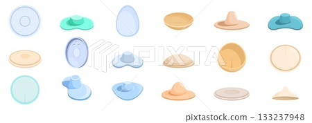 Breast pads icons set. Different types of breast milk pads for nursing mothers 133237948
