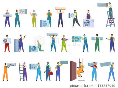 Air conditioner installer icons set cartoon vector. Service house 133237950