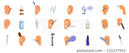 Ear canal cleaning icon set. Ear cleaning tools and methods for maintaining ear hygiene 133237952