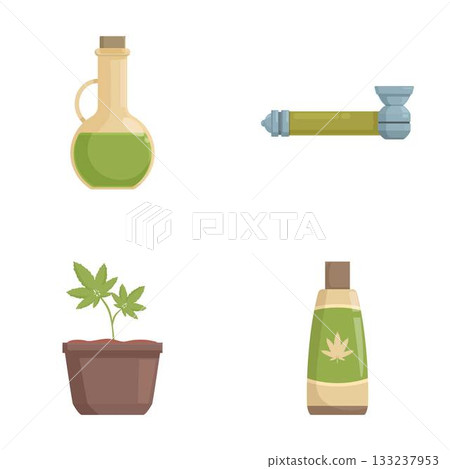 Collection of flat design icons featuring cannabisrelated items including an oil bottle, pipe, plant, and lotion 133237953