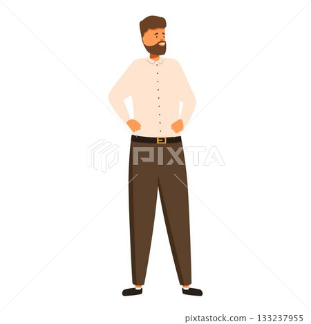 Confident businessman standing with hands on hips, looking up and smiling Confident businessman standing with hands on hips, looking up and smiling 133237955