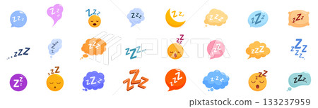 Zzz sleep snore icons set. Sleeping emojis and speech bubbles showing zzz text representing sleep 133237959