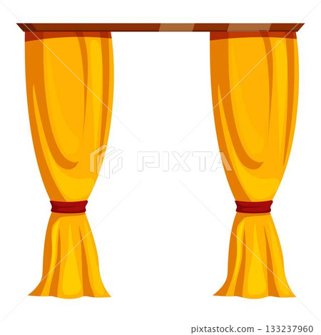 Yellow curtains tied with red ribbon hanging on wooden rod 133237960