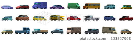 Abandoned broken car icon set. Large set of various cars and trucks driving on white background 133237968
