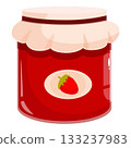 Glass jar with strawberry jam and label showing a ripe strawberry 133237983