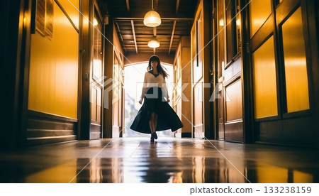 一個人走過一條走廊,走廊兩側是令人印象深刻的黃色牆壁和木樑。建築插畫素材,構圖和光線都非常優美。 一個人走過一條走廊,走廊兩側是令人印象深刻的黃色牆壁和木樑。建築插畫素材,構圖和光線都非常優美。 133238159