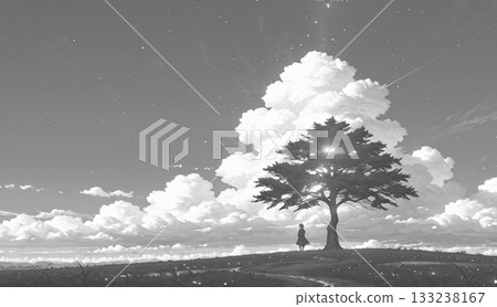 一幅單色風景插畫，描繪了一棵大樹和山坡上的一個人，天空雲朵閃爍，光線明媚，景色美不勝收。 133238167
