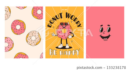 Set of fast food posters. Retro groovy cards with street food characters. Brochure with funky groovy burger, french fries, soda, ice cream, donut, pie, coffee to go, sandwich. Fast food delivery 133238178