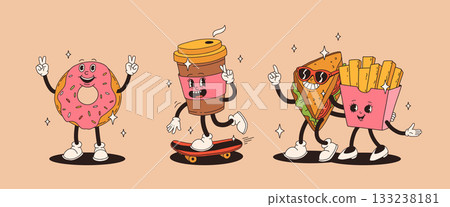 Set of fast food retro groovy cartoon character. Vintage mascot of burger, pizza, hot dog, ice cream, french fries, coffee to go, donut and soda with happy smile. Funky street food illustration 133238181