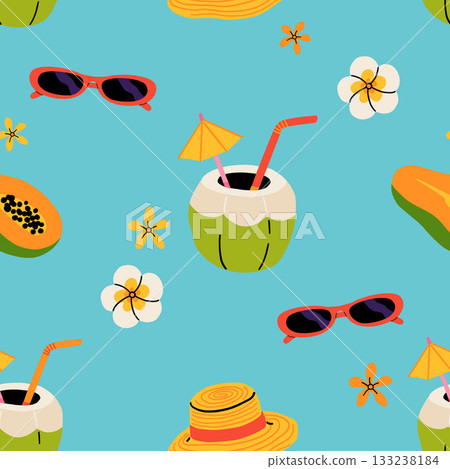 Seamless pattern with summer Icons for tropical vacation. Flat vector seasonal collection with ice cream, pineapple, tropic leaves, plumeria, watermelon, surfboard, beach accessories, swimsuit Seamless pattern with summer Icons for tropical vacation. Flat vector seasonal collection with ice cream, pineapple, tropic leaves, plumeria, watermelon, surfboard, beach accessories, swimsuit 133238184