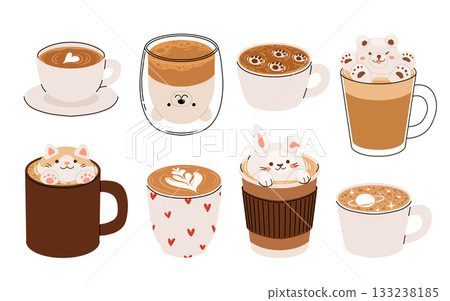 Set of cute Coffee Cups with Latte Art. Collection of coffee drinks with variety latte art heart, leaf, bear, cat, Flower. Cafe Bar or Coffee House Graphics. Vector Illustration 133238185