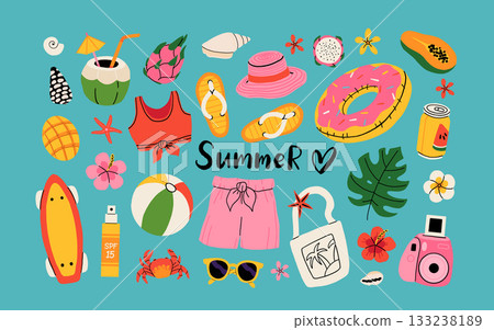 Set of summer stickers. Icons for tropical vacation. Flat vector seasonal collection with ice cream, pineapple, tropic leaves, plumeria, watermelon, surfboard, beach accessories, swimsuit 133238189