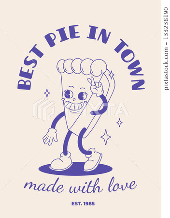 Fast food poster blue on beige. Retro groovy illustration with street food characters. Brochure with funky groovy burger, french fries, soda, ice cream, donut, pie, coffee to go. Fast food delivery 133238190