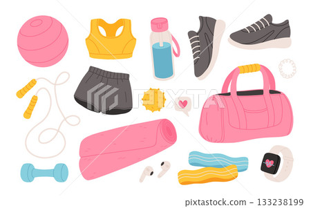 Fitness equipment collection, fitball, dumbbells, sneakers sportswear, bottle of water, fitness watch. Vector illustrations of sport accessories for women. Fitness equipment collection, fitball, dumbbells, sneakers sportswear, bottle of water, fitness watch. Vector illustrations of sport accessories for women. 133238199