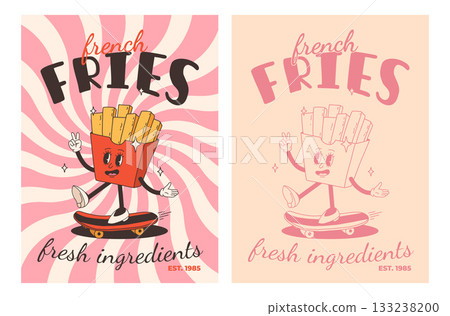 Set of fast food posters. Retro groovy cards with street food characters. Brochure with funky groovy burger, french fries, soda, ice cream, donut, pie, coffee to go, sandwich. Fast food delivery 133238200