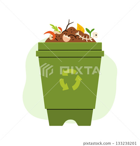 Cartoon flat icon of organic composting theme. Garden tools, bag of compost, ground, food garbage. Illustration of bio, organic fertilizer, compost bin and box, agronomy. Cartoon flat icon of organic composting theme. Garden tools, bag of compost, ground, food garbage. Illustration of bio, organic fertilizer, compost bin and box, agronomy. 133238201
