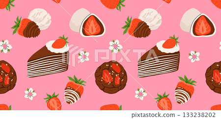Strawberry flat vector seamless pattern. Summer drinks, sweets and desserts with taste of strawberries. Chocolate strawberry, cookie, sandwich, mochi, cheesecake, tanghulu. Strawberry flat vector seamless pattern. Summer drinks, sweets and desserts with taste of strawberries. Chocolate strawberry, cookie, sandwich, mochi, cheesecake, tanghulu. 133238202