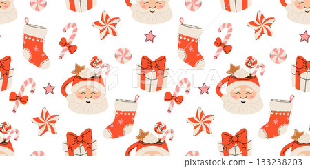 Seamless Christmas pattern with cacao drink, ginger cookie, present and lollipop. Vector illustration for textile, postcard, wrapping paper, poster, background, book, t-shirt. Seamless Christmas pattern with cacao drink, ginger cookie, present and lollipop. Vector illustration for textile, postcard, wrapping paper, poster, background, book, t-shirt. 133238203
